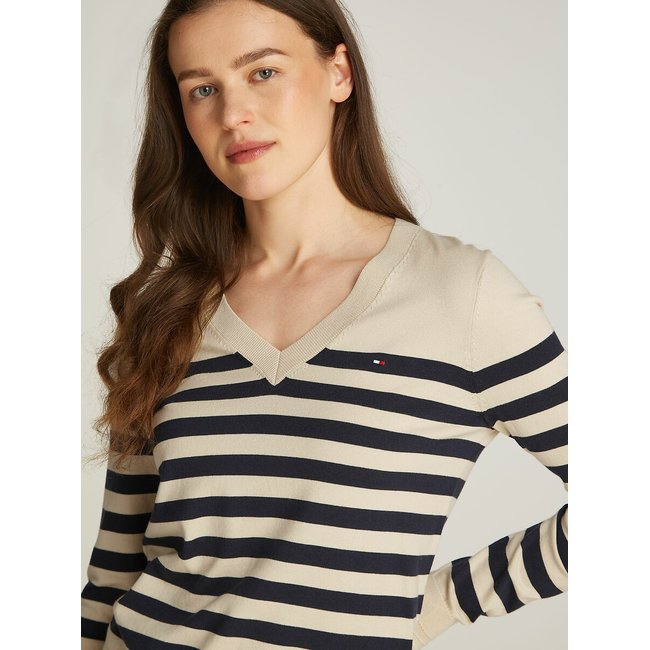 Gestreifter Pullover mit V-Ausschnitt ecru/marine <span itemprop=