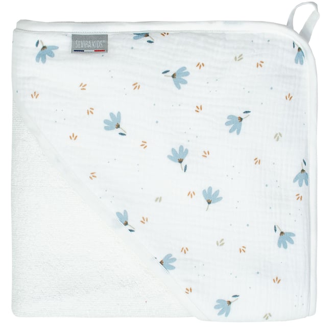 Grande cape de bain en bambou et gaze de coton BLEUET bleuet imprimé floral <span itemprop=