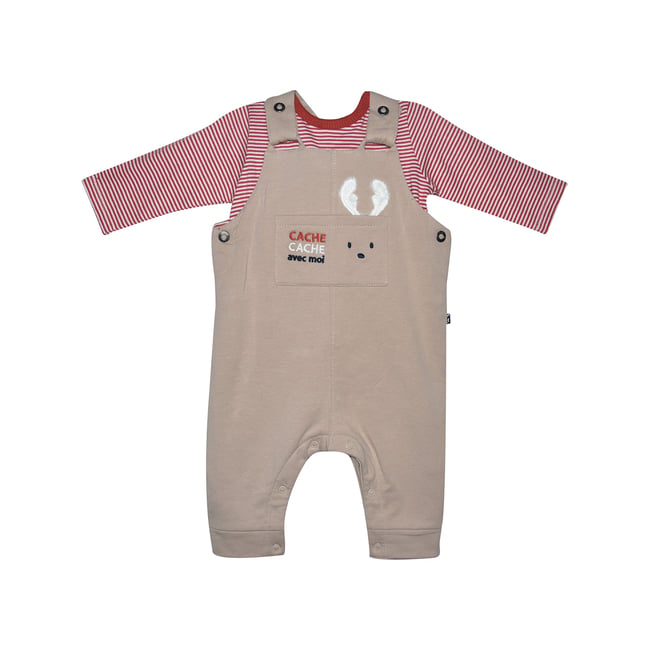 Ensemble naissance t-shirt + salopette molleton flechette beige <span itemprop=