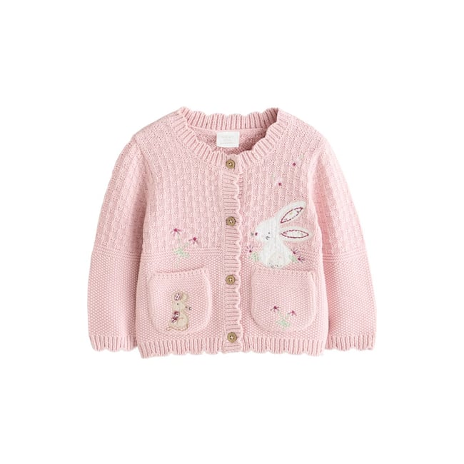 Cardigan bébé en maille lapin rose brodé <span itemprop=