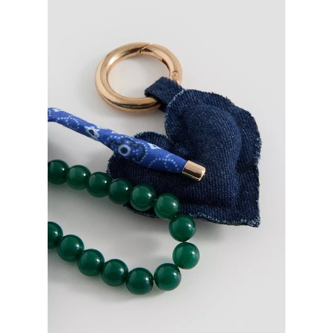 Porte-clés cœur perles fantaisie bleu <span itemprop=