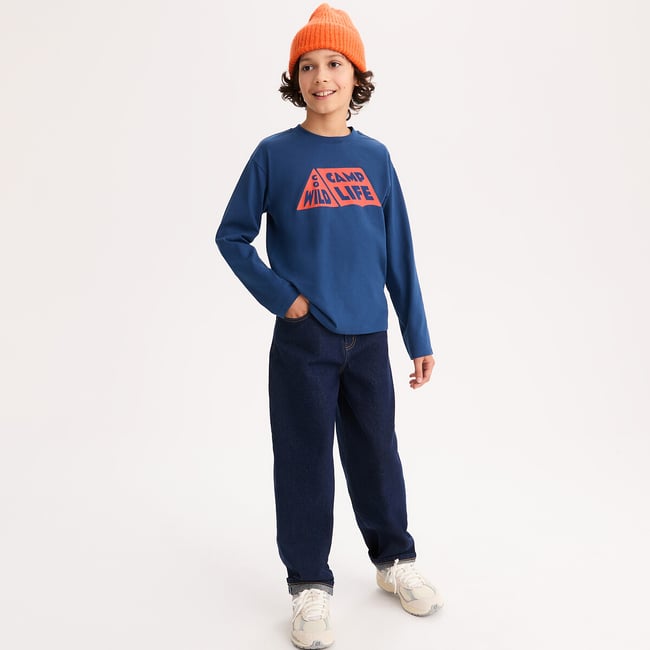 T-shirt col rond, manches longues, à message bleu <span itemprop=