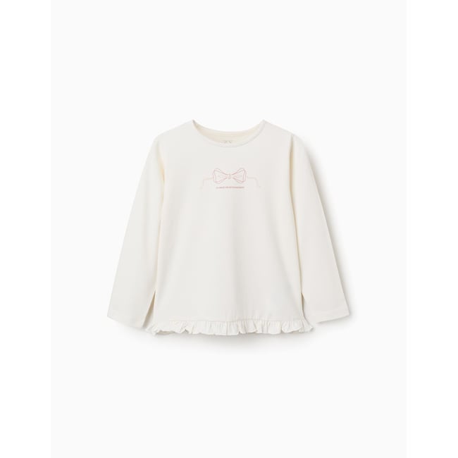 T-shirt en coton à manches longues avec imprimé et ourlet volanté blanc <span itemprop=