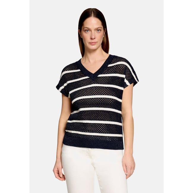 Pull-over en maille ajourée à rayures patch dark blue/white <span itemprop=