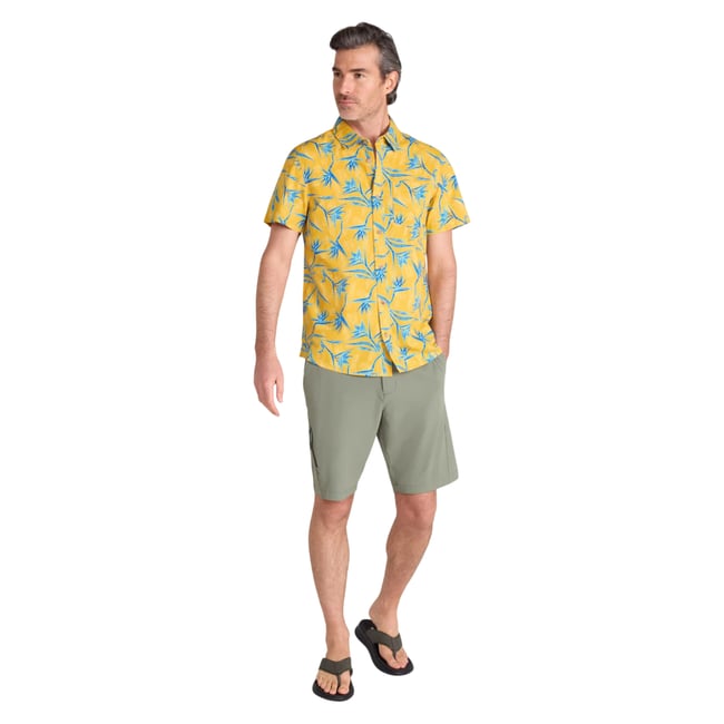 Chemise manches courtes motif/style branche d'arbre TROPICAL jaune moutarde <span itemprop=