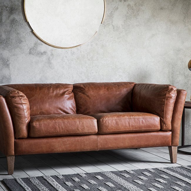 Nadiad Vintage Leather 2 Seater Sofa with Solid Wood Legs, brown, SO'HOME