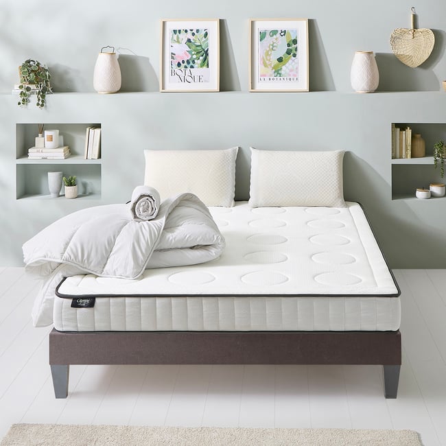 Pack prêt à dormir Cristal - Matelas + Sommier + Couette, oreillers, protège-matelas - 18 cm d'épaisseur Couleur blanc <span itemprop=