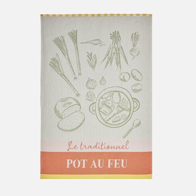 Torchon jacquard en coton L'ART DU POT AU FEU vert <span itemprop=