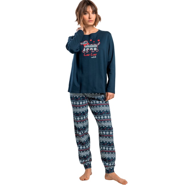 Pyjama pantalon top manches longues LouLou Cold bleu marine <span itemprop=