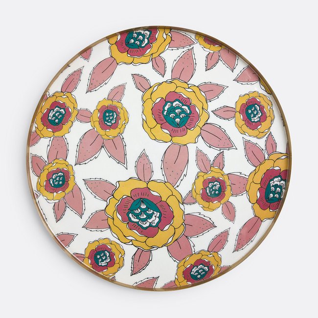 Chandi round floral printed metal tray multi-coloured Jamini