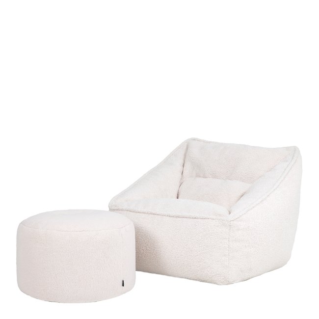 Pouf fauteuil et son repose-pied rond en tissu borg bouclette Oeko-Tex® - NATALIA Couleur naturel <span itemprop=