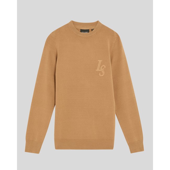 Pull L&S monogramme col rond brun oeil de tigre <span itemprop=