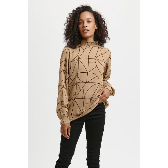 KAFFE Blouse à manches longues KAaroa beige camel black lines print <span itemprop=