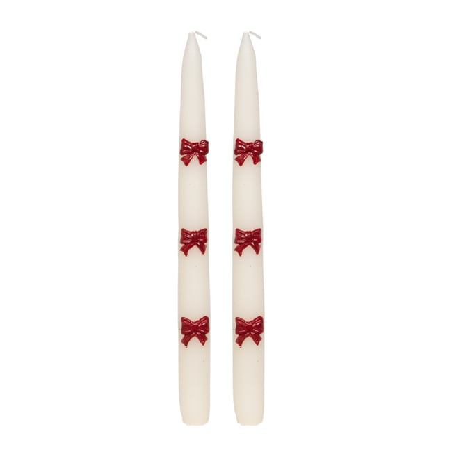 Coffret 2 chandelles noeuds rouge H25,5 cm en cire Couleur blanc <span itemprop=