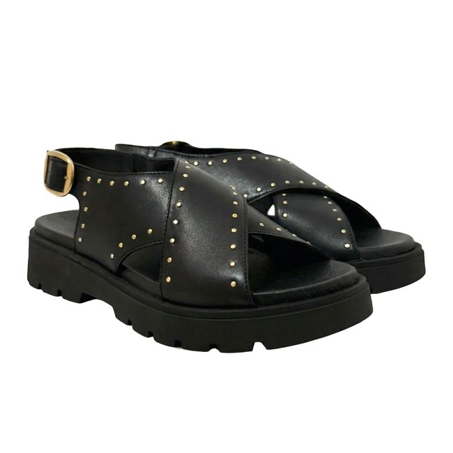 Sandales gomme Lou cuir lisse noir <span itemprop=