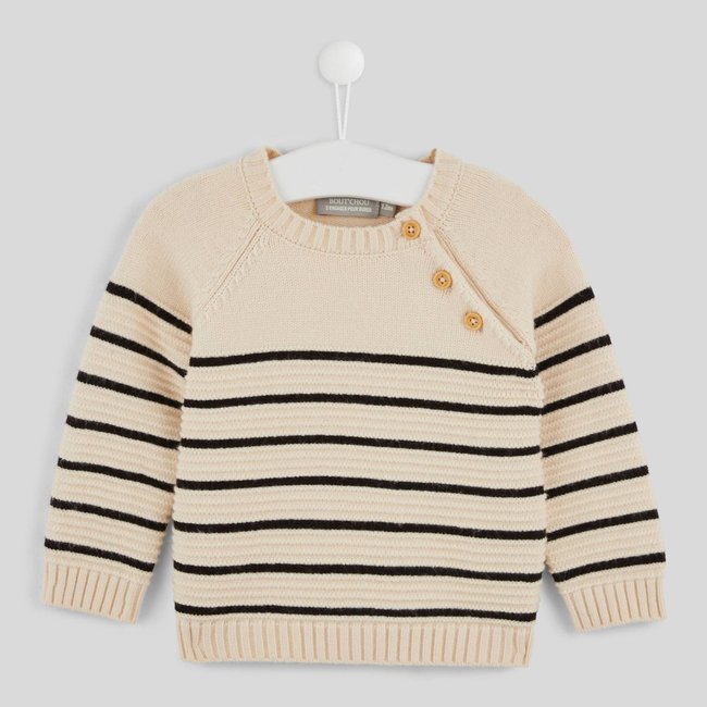 Pull marinière manches longues col rond contenant de la laine ecru <span itemprop=
