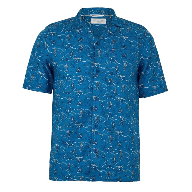 Chemise manches courtes motif/style cactus HULA bleu mer foncé imprimé intégral <span itemprop=