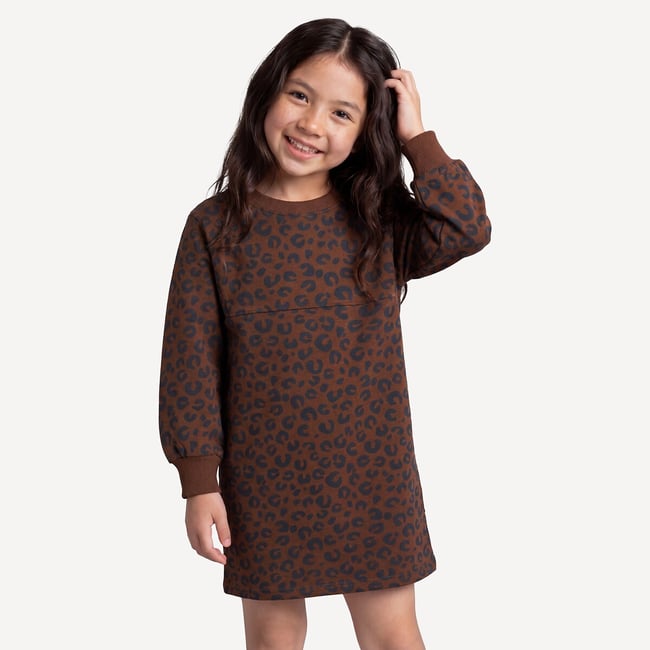 Leopard Print Jumper Dress in Fleece with Long Sleeves, leopard print/brown, LA REDOUTE COLLECTIONS