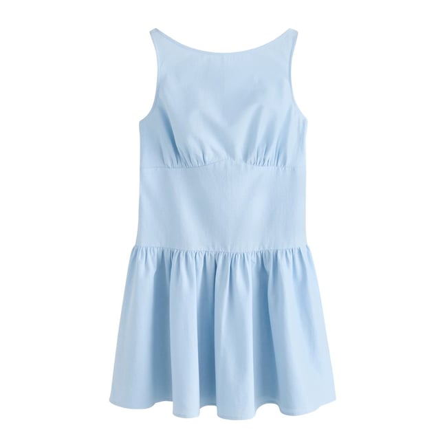 Robe courte cintrée en lin mélangé chambray bleu <span itemprop=