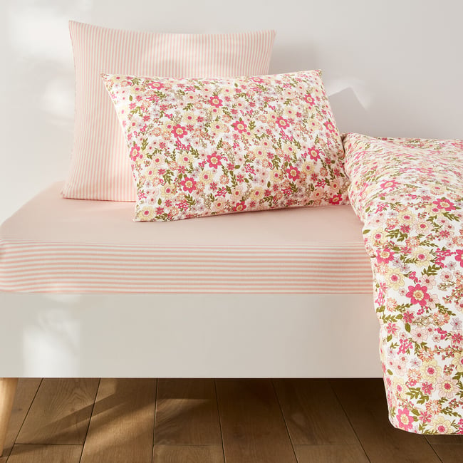 Sábana bajera para cama infantil, franela, estampado de rayas, altura 25 cm, MEREDITH crudo/rosa <span itemprop=