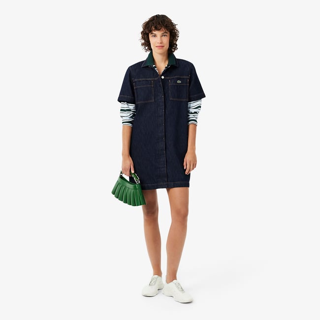 Kurzes Denim-Kleid im Polo-Stil mit kurzen Ärmeln natur <span itemprop=