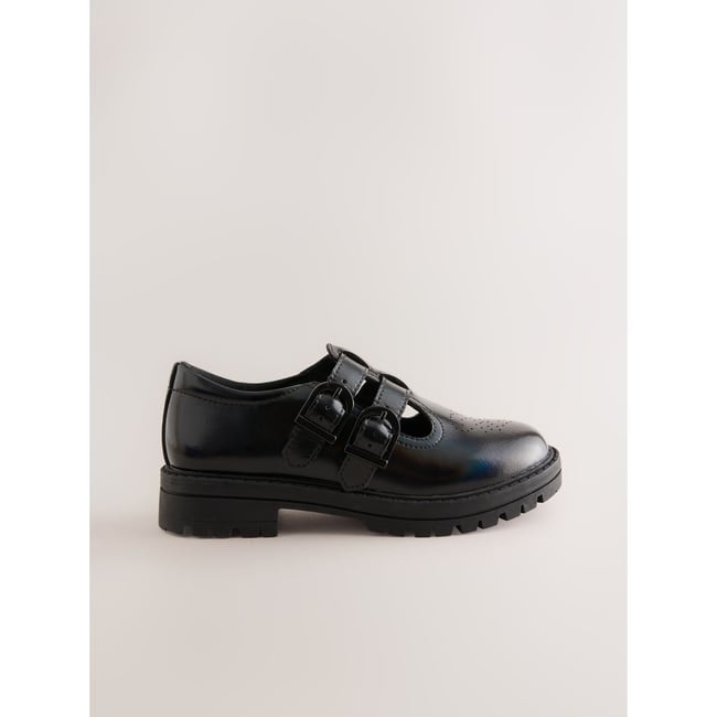 Chaussures d’école salomé à double boucle brevet noir irisé <span itemprop=