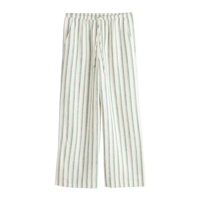 Pantalon large à rayures contenant du lin vert/écru <span itemprop=
