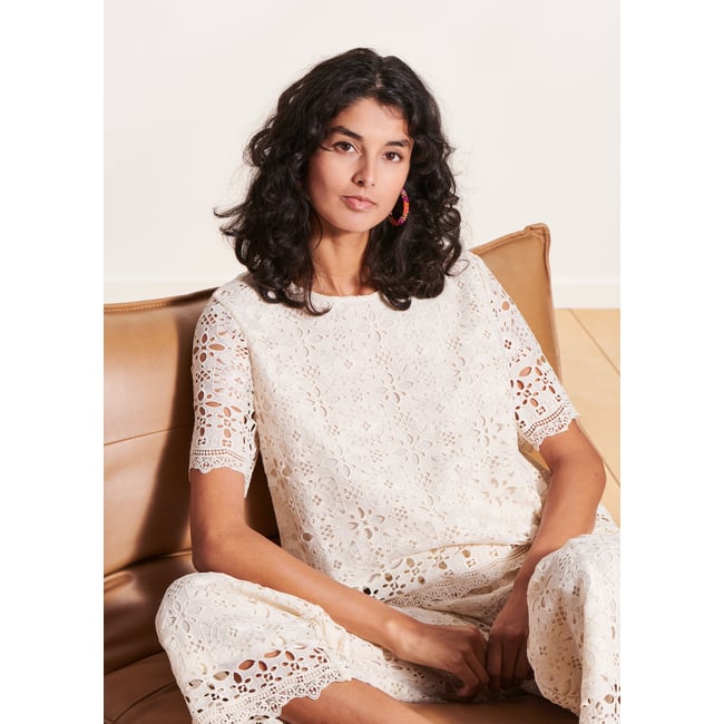 Top à manches courtes en dentelle ecru <span itemprop=