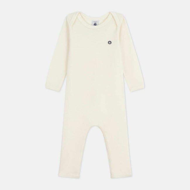 Body jambes longues en laine et coton ecru <span itemprop=