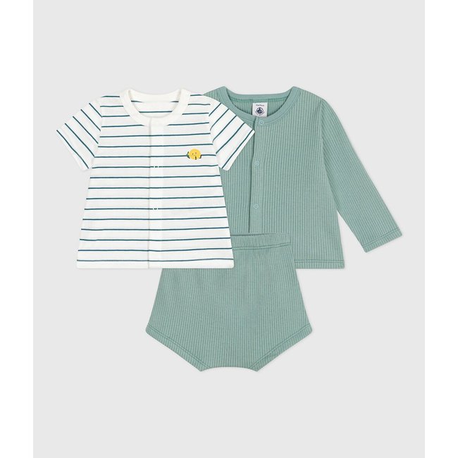 Conjunto de nacimiento de tres piezas de algodón y camiseta verde + blanco <span itemprop=