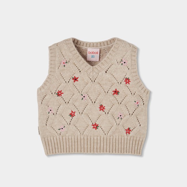 Gilet fille brodé de fleurs beige <span itemprop=
