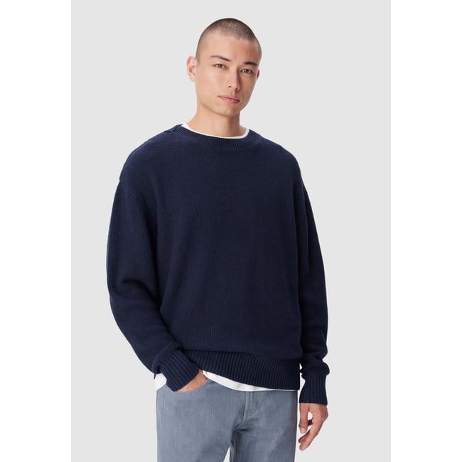 Pull col rond tricot nid d'abeille bleu nuit <span itemprop=