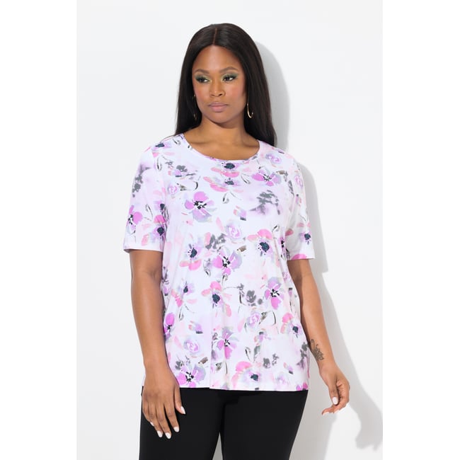 T-shirt en coton Pima. Motif fleurs. Col blanc neige <span itemprop=