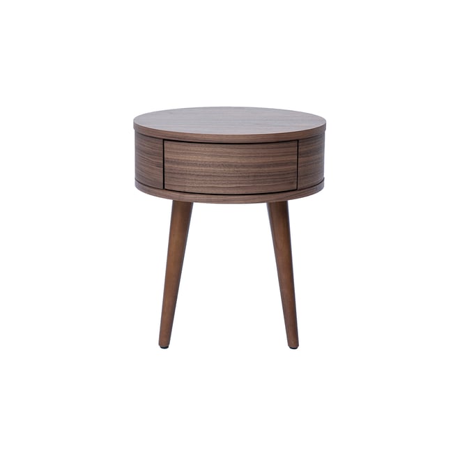Table de chevet ronde en bois foncé avec tiroir JUDITH Couleur noyer <span itemprop=