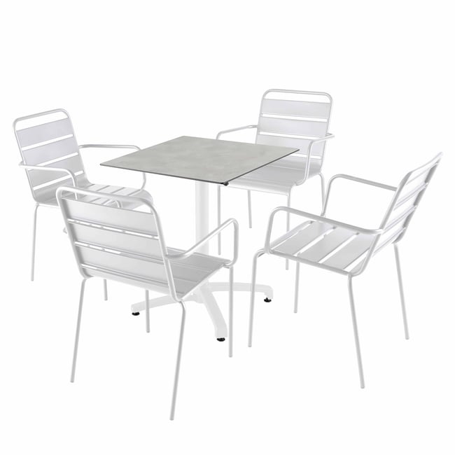 Table en HPL inclinable pied blanc et 2 chaises en métal, OPERA béton gris clair <span itemprop=