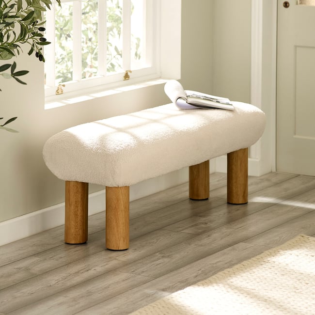 Fiona Boucle & Solid Wood Legs Low Bench, white, SO'HOME