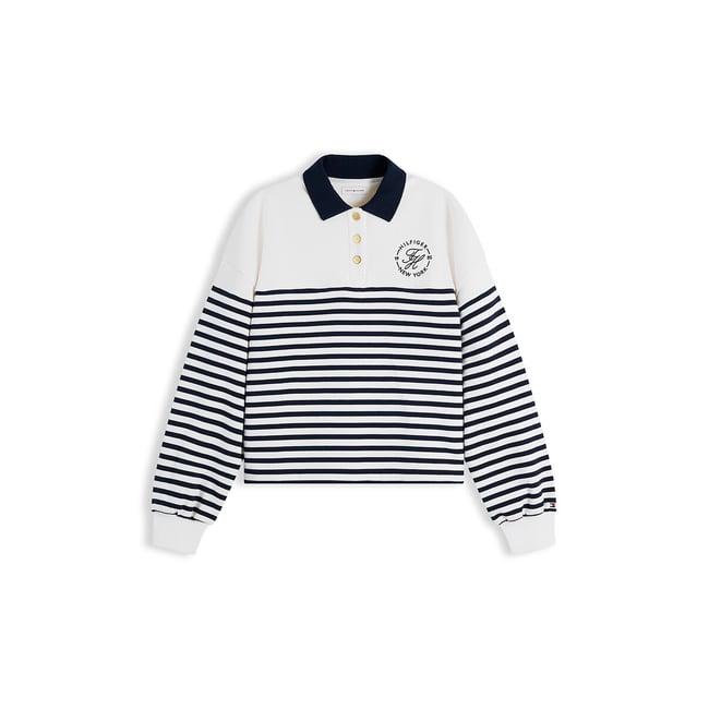 Sweat col polo rayé blanc/marine <span itemprop=