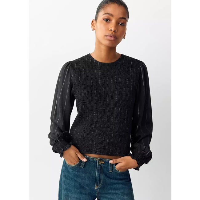 Blouse à motif nid d'abeille en fil métallisé gris anthracite <span itemprop=