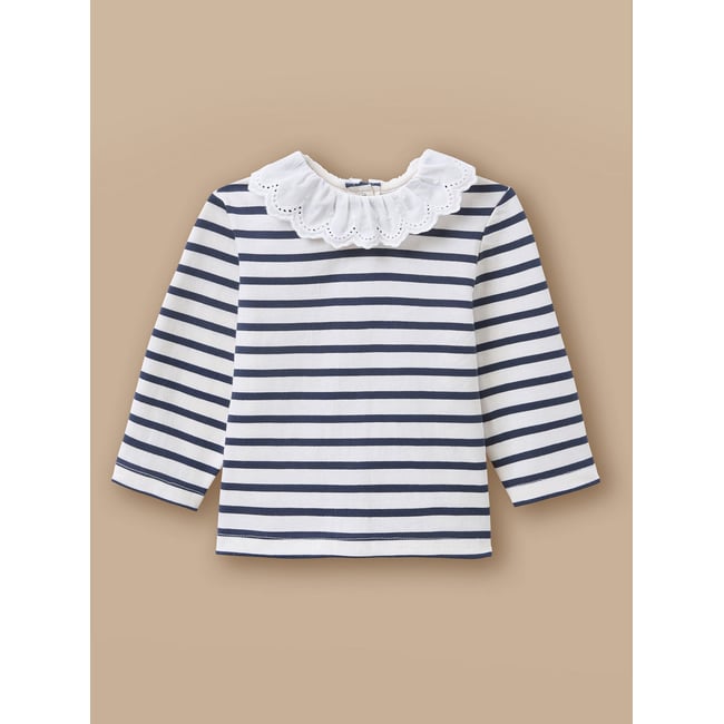 T-shirt marinière broderie anglaise rayure marine/ecru <span itemprop=