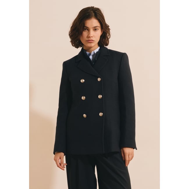 Manteau croisé court avec laine MELCHIOR encre <span itemprop=