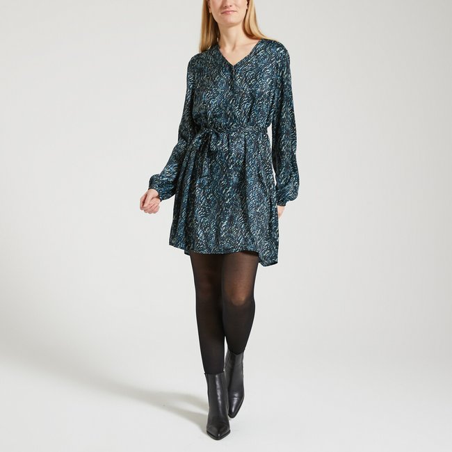 Kleid, gemustert, Satineffekt blau bedruckt <span itemprop=