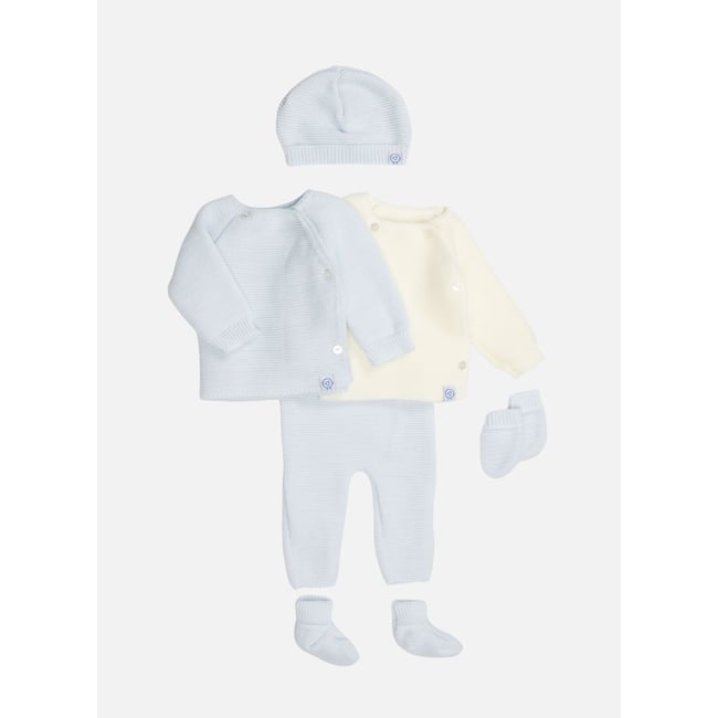 Coffret de naissance - kit maternité complet ecru / bleu layette <span itemprop=