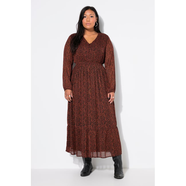 Robe maxi à motif léopard. Coupe trapèze brun rougeâtre <span itemprop=