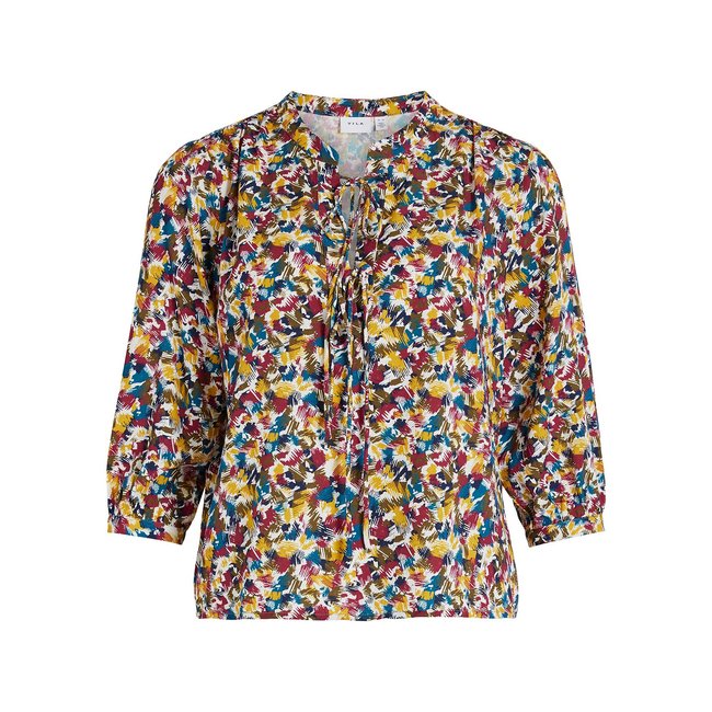 Blusa corta, cuello mao, estampada amarillo/azul/rojo <span itemprop=