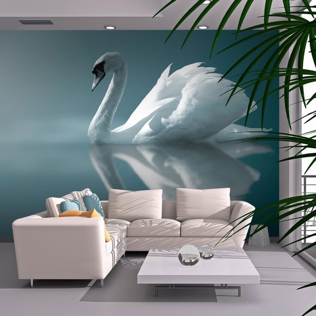 Papier peint intissé panoramique Animaux Cygne blanc Couleur bleu <span itemprop=