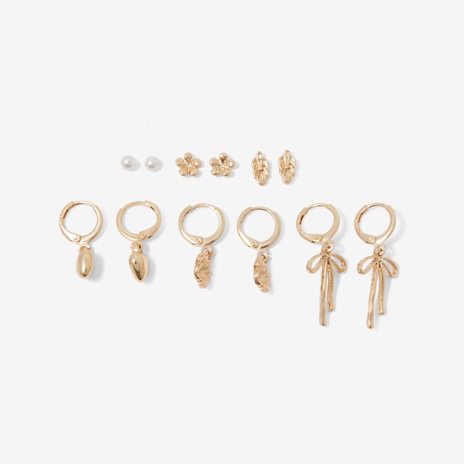 Set x6 paires boucles d'oreilles : puces et créoles cœurs, fleurs et nœuds v019843 <span itemprop=