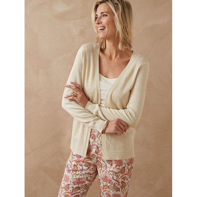 Gilet bord à bord détails ajourés ecru <span itemprop=