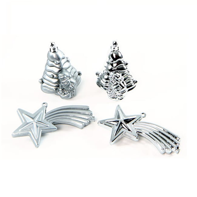 Lot de 4 Boules de Noël 2 Sapins et 2 Étoiles Brillant et Mat Couleur argent <span itemprop=