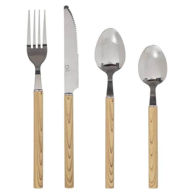 Ménagère 24 pièces en acier inoxydable et manches effet bois INDONESIE Couleur taupe <span itemprop=
