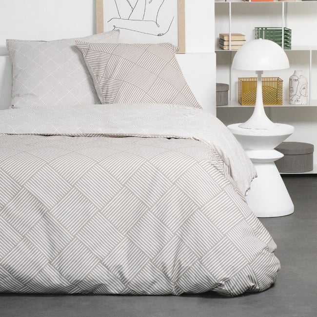 Parure de lit 2 personnes imprimé coton SUNSHINE SAM beige <span itemprop=